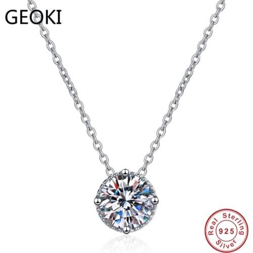 Geoki Passed Diamond Test Past 1 CT Round Perfect Cut Moissanite Pendant Necklace 925 Sterling Silver Diamond Party Necklaces