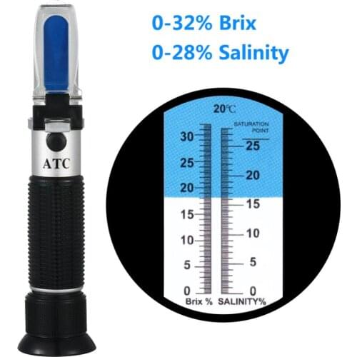 Yieryi 2 In 1 Refractometer, Dual Scale Automatic Temperature Compensation 0-28% Salinity Meter & 0-32% Brix Meter with ATC