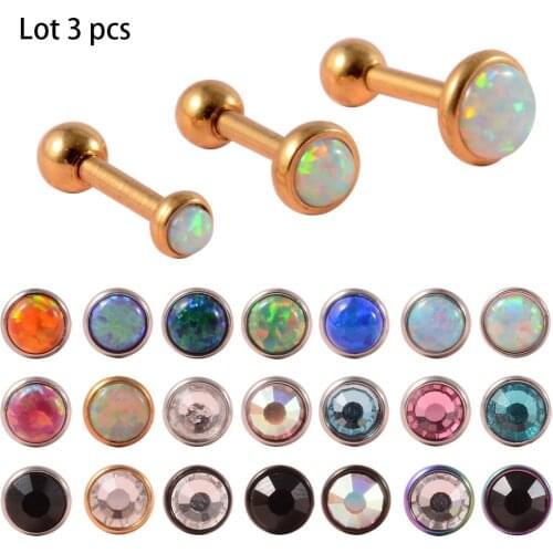 3 Piece Surgical Steel& Opal Stone Flat CZ Gem Ear Tragus Cartilage Helix Earring Fashion Body Piercing Jewelry 16G