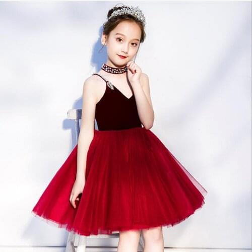 Red Lace Kids Girls Wedding Dress V-neck Princess Gown Pageant Evening Party Dress Elegant Flower Girls First Communion Dresses