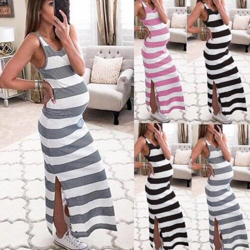 Explosive maternity dress summer sleeveless color striped round neck long section split comfortable maternity dress new