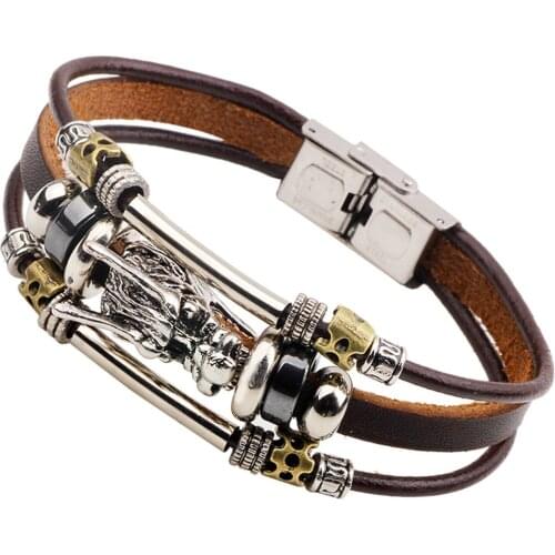 Stainless Steel Clasp New Fashion Punk Brown Leather Cuff Bangle Charm Men Bracelets For Women Homme Vintage Jewelry Accessories
