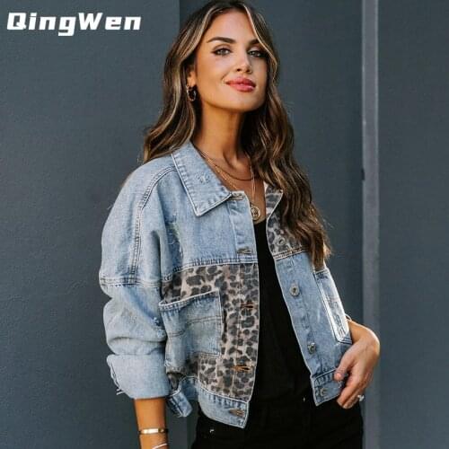 QingWen Fall Winter Fashion Loose Short Coat Leopard Print Stitching Lapel Long Sleeve Street Outwear Denim Jacket Women 2021