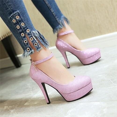 Ladies Shoes Platform Sexy High Heels Bling Pumps Glitter Ankle Strap Womens Pumps Wedding Shoes Bridal Gols Silver Blue Purple