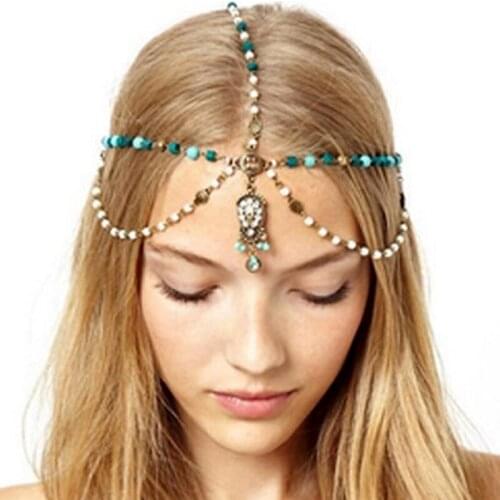 Vintage Bluish Green Stone Rhinestone Forehead Headpiece Pearl Head Chain Headband For Women Hair Jewelry