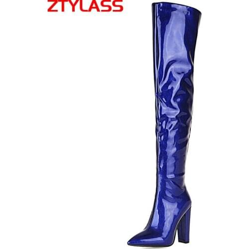 2021 Fashion Over The Knee Boots Patent Leather Women Boots Zipper Square High Heel Thigh Boots Pointed Toe Autumn Winter Shoes