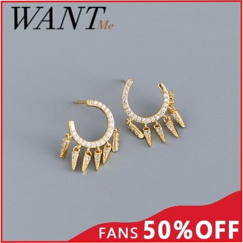 WANTME Luxury Pave Zircon Geometric Tassel Letter C Stud Earrings for Women Real 925 Sterling Silver Bohemian Party Jewelry Gift