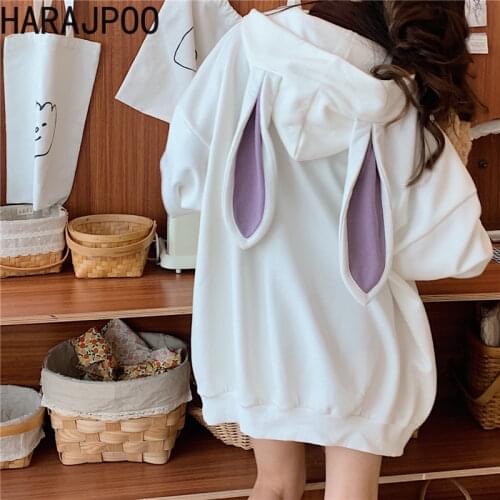 Harajpoo Sweatshirts Women Sweet Cool Style White Hoodie Spring Autumn Cute Lazy Style Korean Loose Long Sleeve Mid Length Tops