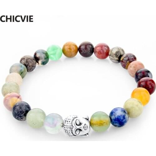 CHICVIE Tiger Fatima Evil Eye Buddha Skull Bracelets Vintage Silver Color Natural Stone Bracelet For Women Men Jewelry SBR150238