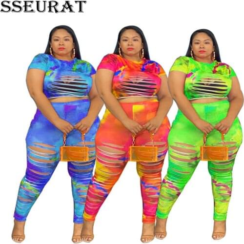 SSEURAT XL-5XL Plus Size Women Tie Dye Print Two Piece Set Hollow Out Short Sleeve T Shirt Crop Top Pencil Pants Suit