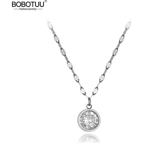 BOBOTUU Trendy Stainless Steel Sparkling Big CZ Crystal Choker Necklaces For Women Office Style Charm Pendant Necklace BN19218