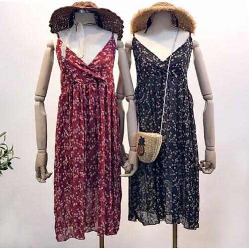 Womens New Summer 2019 Pleated Spaghetti Strape Chiffon Printed Floral V- Neck Backless Dress Elegant Dress