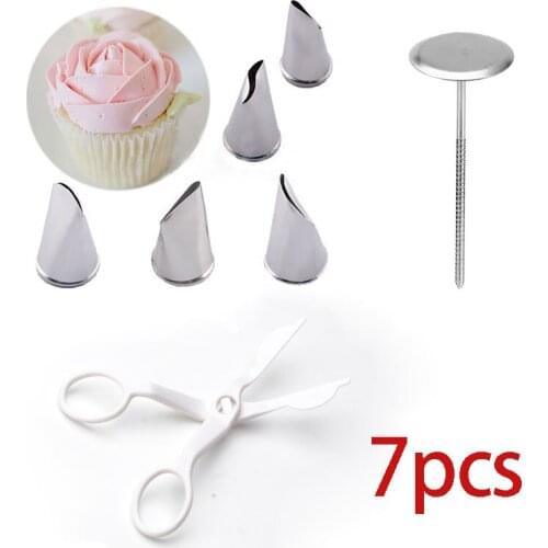 Fondant Cake Decorating Set 5pcs Tulips Rose Nozzle+1pcs Flower Scissor+1pcs Cake Tray Cream Transfer Tools Baking Pastry Decor