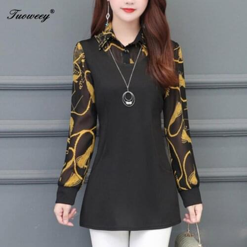 5XL Plus Size Women turn down collar Blouses 2019 Fashion autumn long Sleeve loose Floral patchwork Shirt Female blusas