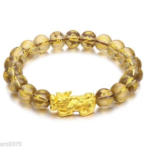 999 PURE 24K Yellow Gold Bracelet 3D 1g Bless Pixiu&10mm Lucky Smoky Quartz Bead