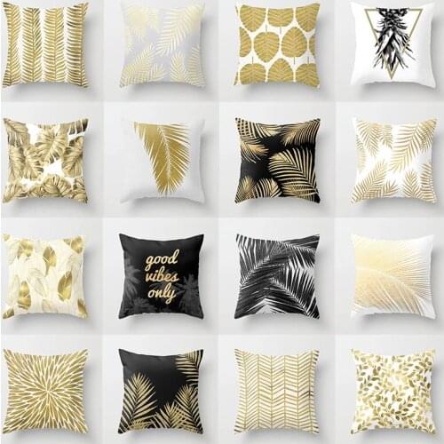 Gold Leaves Print Pillow Case Peach Skin Cushion Covers Polyester Sofa Pillowcase 45*45cm Decorative Home Throw Pillow Covers