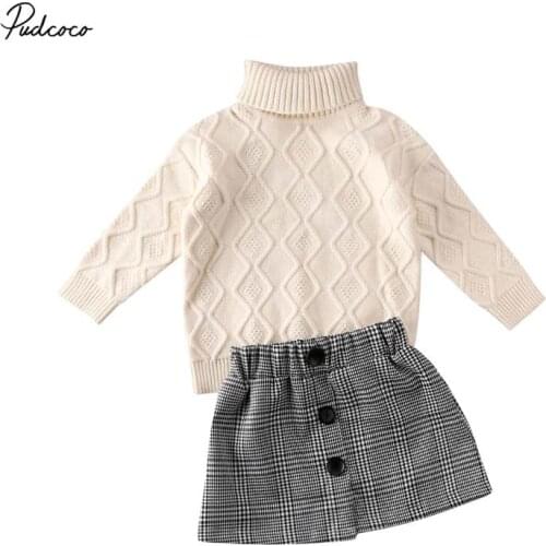 2020 Baby Spring Autumn Clothing Kids Baby Girl Winter Clothes Long Sleeve Turtleneck Knit Sweater+Mini Skirt 2Pcs Outfit 2-7T