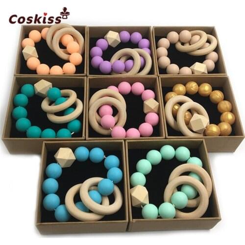 Baby Teether Nursing Bracelet Food Grade Silicone Beads Wooden Ring Teether Nature Safe Organic Infant Baby Bangle Teether Toys