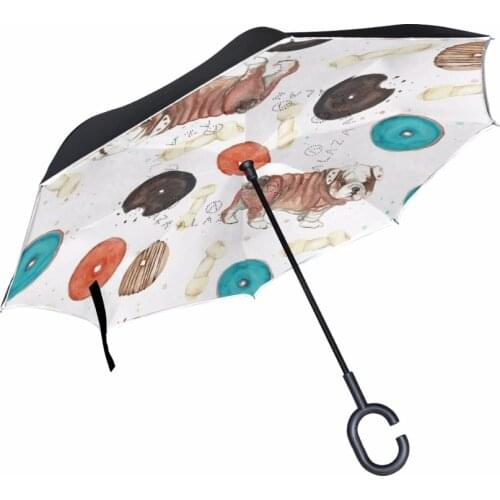 Cute Pug with Bones Donuts Double Layer Reverse Umbrella C-Shaped Free Hand Graphic Windproof Long Umbrella Car Umbrella