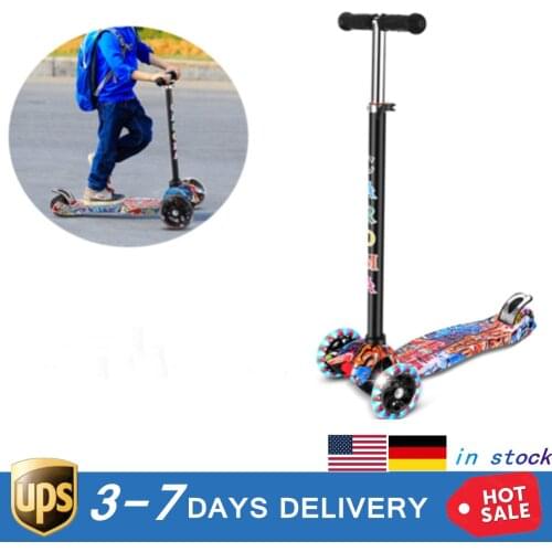 Kids 4 Levels Adjustable Height Kick Scooter PU Flashing Wheels Wide Deck A Back Brake Pedal Safe and Easy Lights Up Scooter for