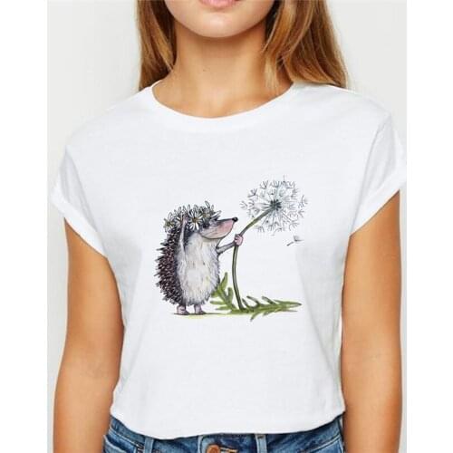 Womens T-shirt Hedgehog and Dandelion Print T-shirt Harajuku T-shirt 90s женская Graphic T-shirt female