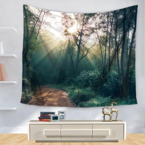 Home Decorative Wall Hanging Carpet Tapestry 130x150cm Rectangle Bedspread Forest Trees Sunshine Painting Pattern GT1145