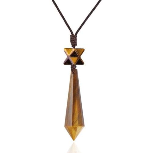 FYJS Unique Handmade Weave Hexagon Prism and Merkaba Star Point Pendant Tiger Eye Stone Necklace Rock Crystal Jewelry
