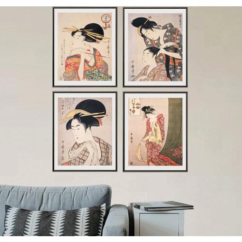 Japanese Style Geisha Prints Poster Retro Kimono Women Comb Hair Wall Art Picture Antique Canvas Painting Powder Room Home Decor