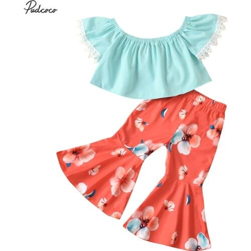 2 Pieces Kids Suit Set Boat Neck Short Sleeve Top Off Shoulder Shirt + Floral Print Flare Pants 1-5 Years