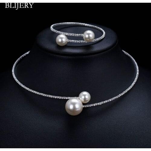 BLIJERY Simple Simulated Pearl Bridal Jewelry Sets Fashion Crystal Party Wedding Jewelry Choker Necklace Bracelet Sets for Women