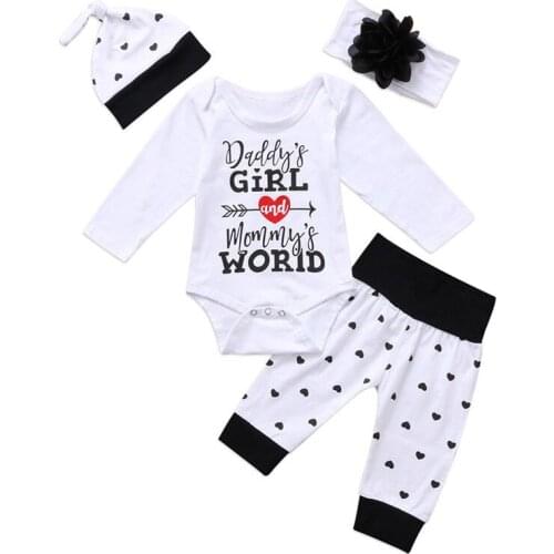 4PCS Newborn Baby Girls Boys Infant Kids Clothes Set Letter Romper Jumpsuit Dot Long Pants Hat Flower Headband Outfits Suit