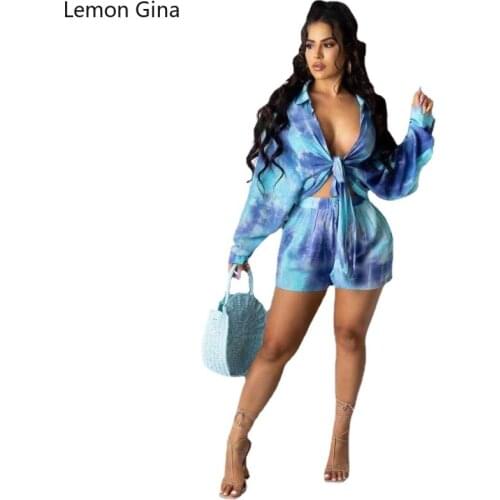 Lemon Gina Print Tie-dyed Blue Tie - Up Shirt Suit