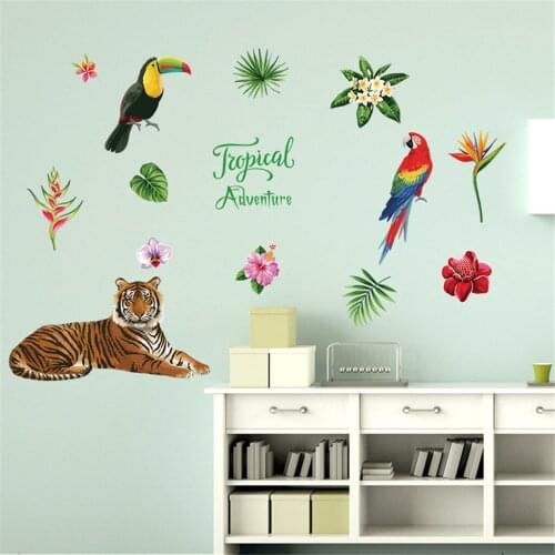 Baby Room Mobile Creative Wall Sticker Tropical jungle parrot tiger animal pattern Nursery Decals Wall Window Decoration