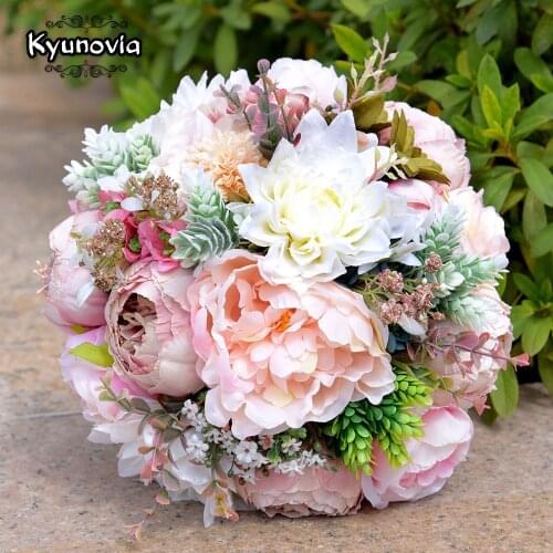 Kyunovia Green Leaves Blush pink Peony Artificial Flowers Bouquets for Brides Wedding Flowers ramos de flores para novias GC20