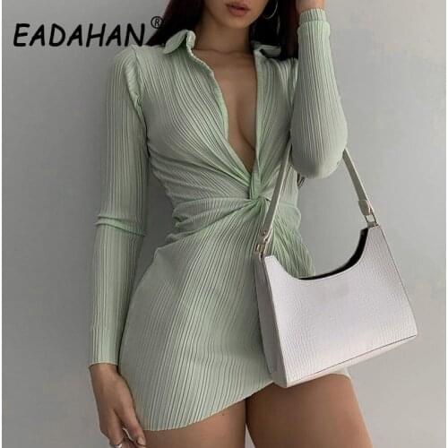 EADAHAN Fashion Polo Collar Solid Folds Low Cut Long Sleeved Dress For Women Outfits Party Club Urbane Mini Bodycon Dresses Y2K