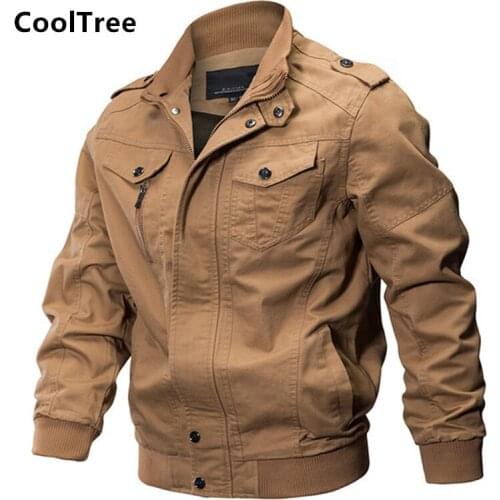 CoolTree Men Bomber Jackets Spring Autumn Cotton Multi-pocket Military Coats Male Army Pilot Cargo Flight Solid color Outerwear