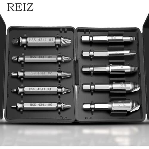 REIZ 5 Pcs Damaged Screw Extractor Set Broken Bolt Nut Remover Drill Bits Double-Ended HSS Electric Pneumatic Drilling Tool Kits