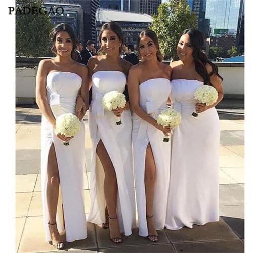 New White Mermaid Bridesmaid Dresses Strapless Sleeveless Pleat Side Split Formal Wedding Guest Party Bridesmaid Dress