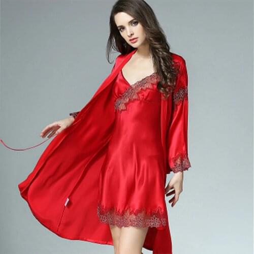 100% Pure Silk Pajamas Women Sets Two-piece Suit Sexy 100 Silk Robe Lace Sleepwear For Ladies Nightdress Red Sleepshirts