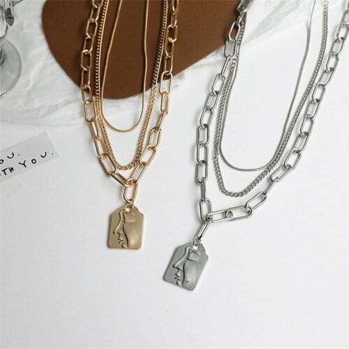 Origin Summer Unique Design Multilayer Abstract people face pendant necklace for women High Street chunky chain necklace jewelry