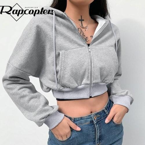 Rapcopter Casual Zipper Basic Short Pollovers Autumn Winter Long Sleeve Hoody Sweatshirts Hooded Streetwear Women Outfits Coats