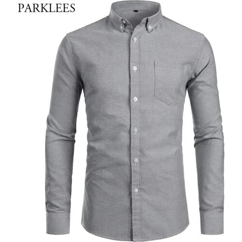 Gray Oxford Cotton Shirt Men Brand New Long Sleeve Mens Dress Shirts Casual Slim Fit Chest Pocket Button Down Camisa Masculina
