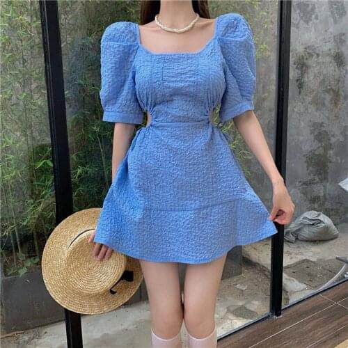 Blue Elegant Dress Women Casual Puff Sleeve Beach Outing Chic Party Dresses Summer 2021 Korean Designer Kawaii Sweet Mini Dress