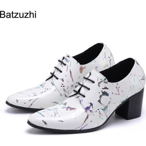 Batzuzhi 7cm High Heels Mens Shoes Lace-up Pointed Toe Genuine Leather Dress Shoes Men White High Heel Wedding/Party Footwear