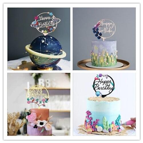 Space or Ocean Theme Party Decoration Happy Birthday Cake Topper Party Kids Planets Birthday Party Stars Baby Shower Earth Shape