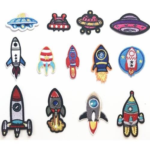 Rocket Flying saucer Space ship Patches Embroidered for Clothing DIY Stripes Applique Clothes Stickers Sewing Iron On Clothes