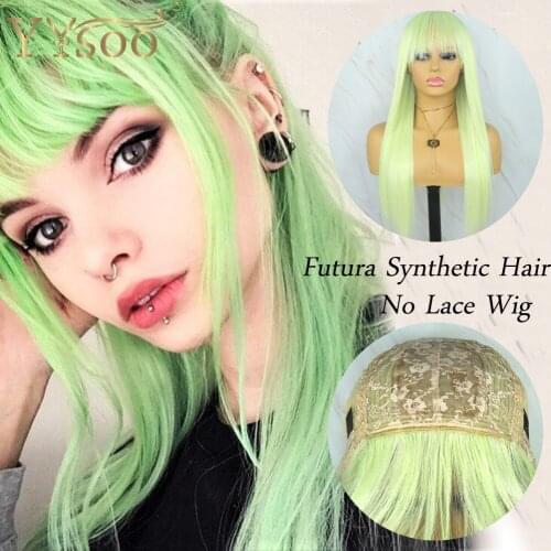 YYsoo Green Highlights Color No Lace Wig With Bangs Middle Part Long Silky Straight Futura Synthetic Hair Full Machine Made Wigs
