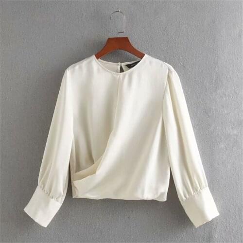 2020 Spring Womens New Round Neck Long Sleeve Wild Temperament Pleated Silk Satin Texture Shirt 02126686712