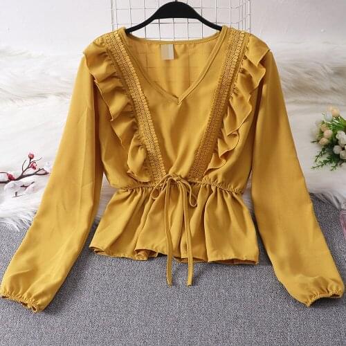 Elegant Women Spring Autumn V-neck Lantern Sleeve Ruffles Basic Shirt Casual Embroidery Lace Flower Pullover Chiffon Blouse Tops