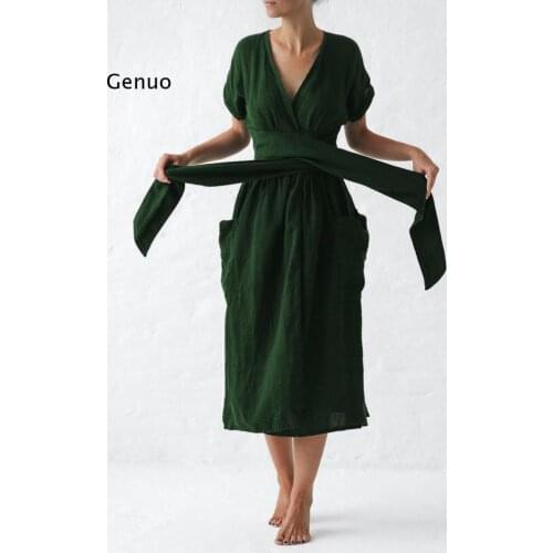 Womens Dress Short Sleeve V-Neck Dresses Ladies Office 2021 Summer Fashion Pockets Vestidos Pocket Split Hem Strap Dress